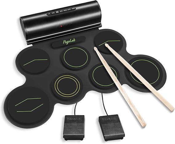 POGOLAB Roll up Drum Mat, 7 Pads Electric Drum Kit, Portable Digital Drum Practice Pad with Dual Stereo Speakers/Drumsticks/Earphone Slot, 10 Hour runtime, Christmas Birthday Gift for Beginner