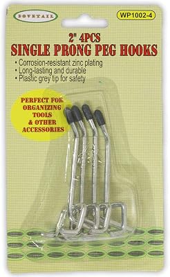 Dovetail 4 Pc. 2 5.1 cm Single Prong Peg Hooks | Zinc Plating | Gray Plastic Safety Tips | Ideal for Garages & Workshops