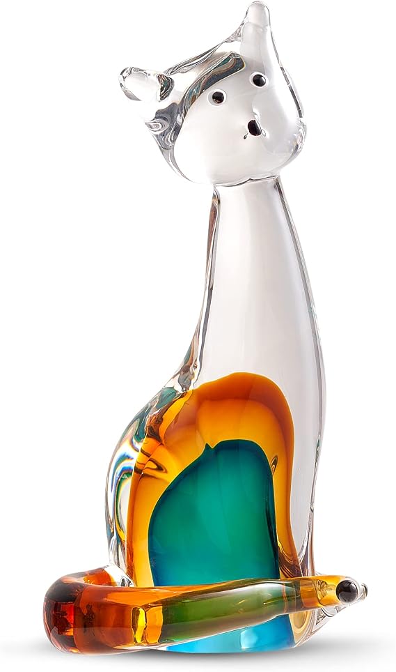EUSTUMA Hand Blown Glass Cat Figurine Ornament,Animal Ornament for Home Decor,Animal Collection for Birthday Gift,Glass Sculpture.