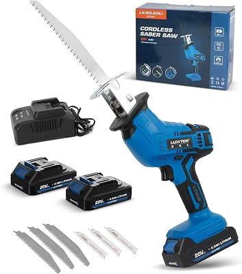 LUXTER Cordless Reciprocating Saw 5000RPM Tool‑Free Blade Change Variable Speed LED Light 2 X 2.0Ah Battery 6 Saw Blades Portable Electric Power Reciprocating Saw for PVC Wood, Metal Cutting DIY