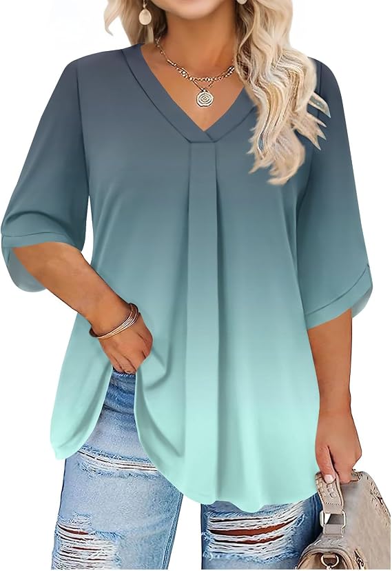 Womens Plus Size Tops 3/4 Sleeve V Neck T Shirts Loose Fit Three Quarter Length Blouses Dressy Casual Tunic Tops