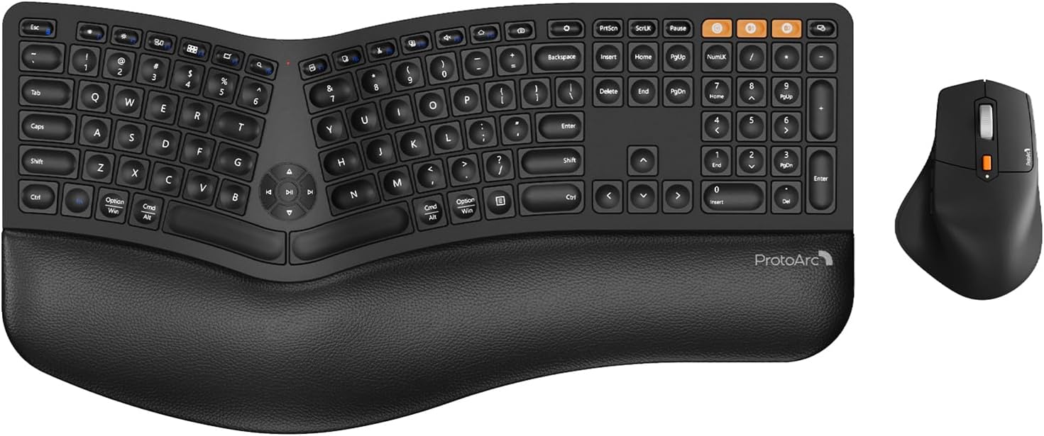 ProtoArc Ergonomic Wireless Keyboard Mouse, EKM01 Plus Full Size Ergo Bluetooth Keyboard Mouse Combo, Split Design, Wrist Rest, Multi-Device, Rechargeable, for WindowsMac OS - Black