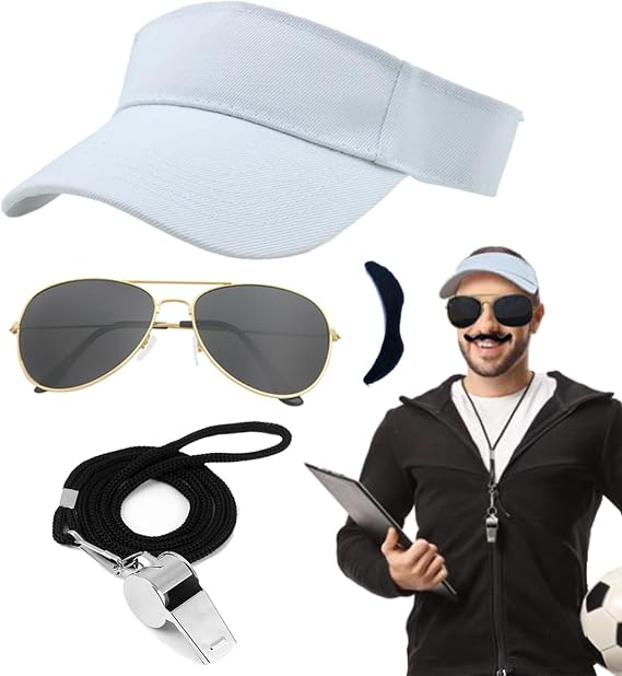 Soccer Coach Costume Accessories Set Football Sport Party Dress Up Outfit Includes Sun Visor Hats Sunglasses Whistles with Lanyard for Mens Halloween Cosplay