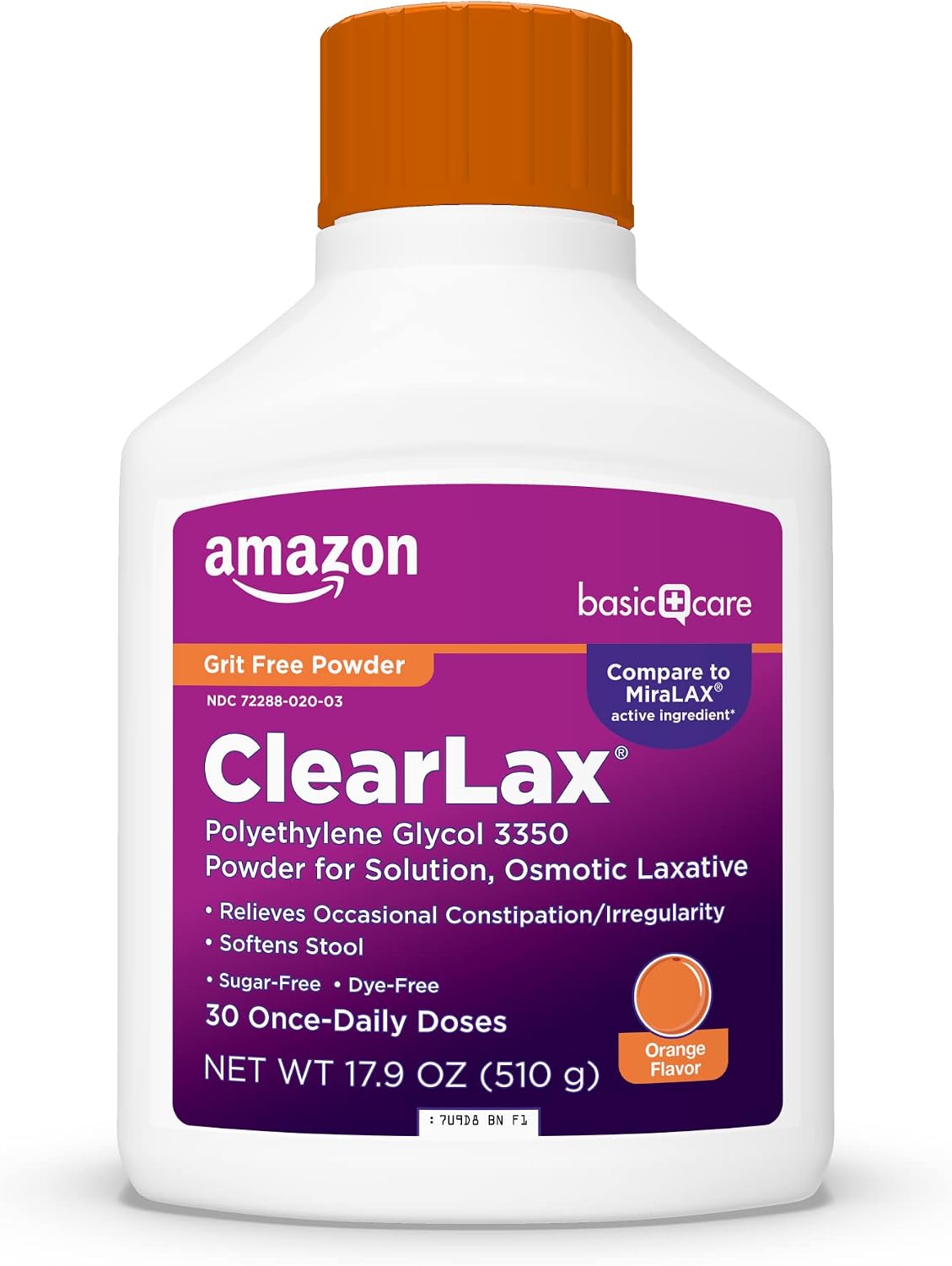 Amazon Basic Care ClearLax, Polyethylene Glycol 3350 Powder for Solution, Osmotic Laxative, Unflavored, 1.11 pound Pack of 1
