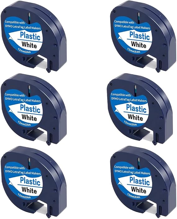 91331 White Plastic Label Tapes Replace for DYMO LetraTag Label Maker | Refills for Letra Tag Plus LT100H LT100T, 1/2" x 13'(12mm x 4m), Black on White, 6-Pack