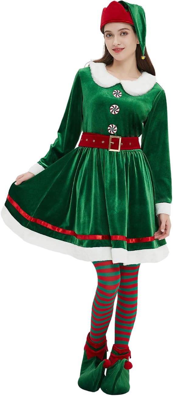 Elf Costume for Women 5 Pcs Christmas Dress Outfit Adult Elves Suit