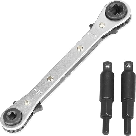 HVAC Service Wrench, Refrigeration Wrench With 2 Pcs HVAC Hexagon Bit Adapter, Premium AC Tools for HVAC, Refrigeration Equipment Repair (3/16, 1/4, 5/16, 3/8)