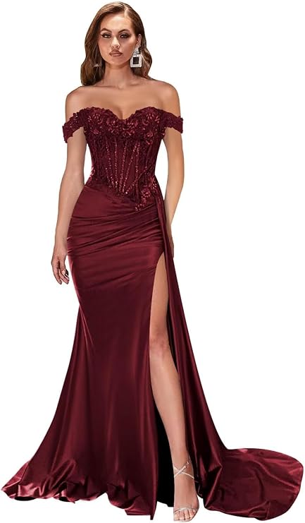 Women's Off The Shoulder Satin Bridesmaid Dresses Long Slit Mermaid Prom Dress 2025 Lace Applique Corset Party Gowns