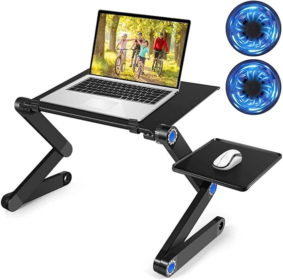 Adjustable Laptop Table, Laptop Stand for Bed Portable Lap Desk Foldable Laptop Workstation Notebook Riser Desk with 2 CPU Cooling USB Fans & Mouse Pad, Ergonomic Lap Desk TV Bed Tray Standing Desk