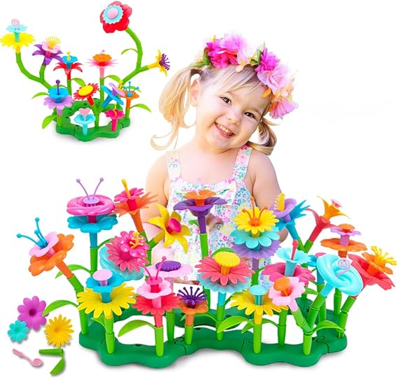 VERTOY Gifts for 3 4 5 6 Year Old Girls, Flower Garden Building Toys Set for Toddlers, STEM Preschool Activities and Gardening Pretend Playset, Stacking Game for Age 3+ Little Kids
