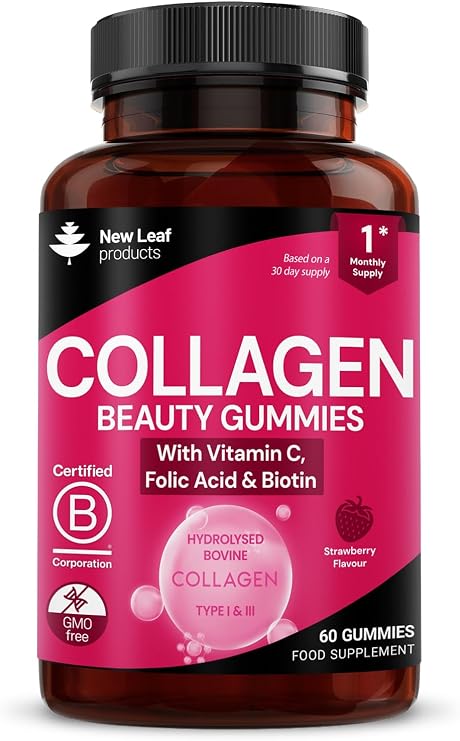 Collagen Gummies - High Strength Type l Bovine Collagen Beauty Supplement - Advanced Superior Type 1 Hydrolysed Collagen Peptides - Added Biotin, Vitamin C & Folic - 60 Gummies