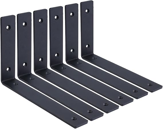 Heavy Duty Shelf Bracket, 5mm Thick Black L Shape 6 Pack 10cm x 15cm | Wall Scaffold Board Shelf Brackets, Metal Wall Brackets for Shelves, (4" x 6")