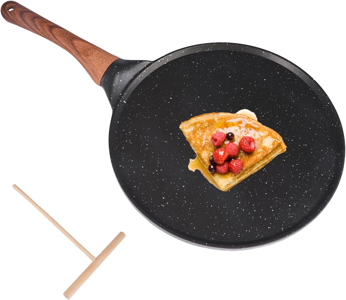 Rairsky Crepe Pan Pancake Pan with Removable Handle Non-Stick Crepe Pan 26 cm Flat Pan Crepe Pan for Pancakes Crepes and Omelettes Free from PFOA and PFOS (Black)