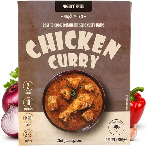 Mighty Spice Chicken Curry Paste - Curry Sauce Kit with Indian spices, Quick Easy 10-Minute Recipe at Home, Authentic Indian Curry, Vegan Gluten Free, No Added Preservatives or Colouring, 80g