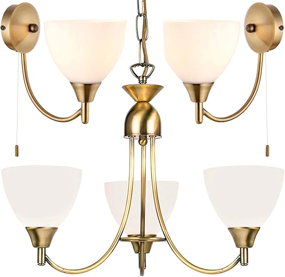 Flush/Hanging 3 Bulb Ceiling & 2X Wall Light Pack | Antique Brass & Frosted Glass Shade | Matching Indoor Lamp Fittings | Modern/Vintage Lounge Bedroom Lighting Set | LED Compatible & Dimmable kit