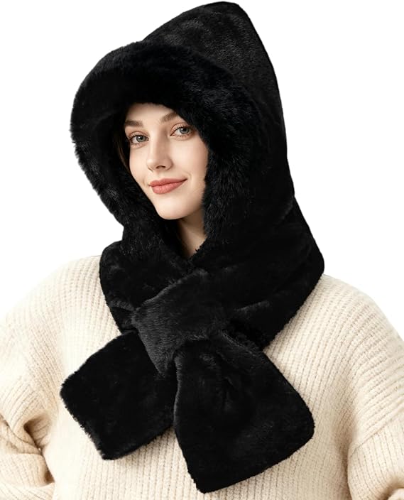 Passionbility Scarf for Women, Hooded Scarfs 2-in-1 Hat and Scarf Set Warm Womens Winter Hat Fuzzy Soft Plush Thick Hats