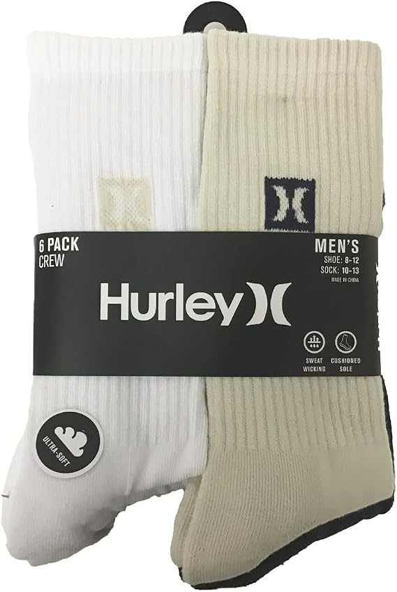 Hurley 6-Pack Sport Cushioned Half Terry Crew Socks (Sock Size 10-13, White/Navy)