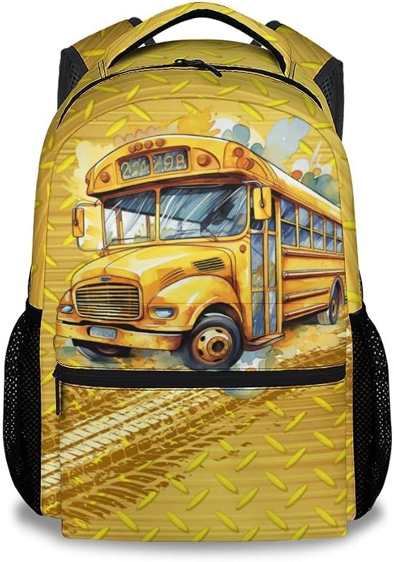 School Bus Backpack for Boys Girls, School Backpack for Kids Child, 17 Inch Kids Bookbag for Elementary Middle School, Funny, Yellow Durable Car Backpacks