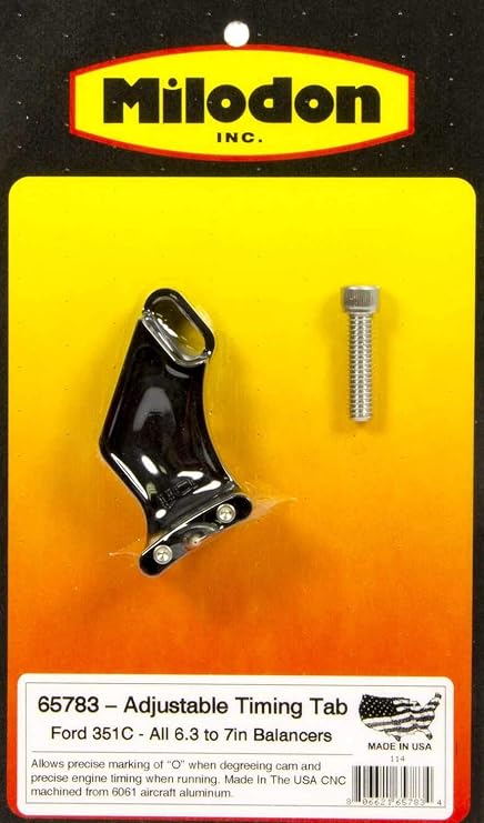 Milodon Timing Pointer, Adjustable, Stainless Hardware, Aluminum, Black Anodized, Ford Cleveland/Modified, Each
