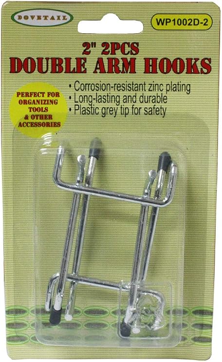 Dovetail 2 Pc. 2" (5.08 cm) Double Arm Peg Hooks | Zinc Plated | Gray Plastic Safety Tips | Ideal for Organizing Tools & Accessories