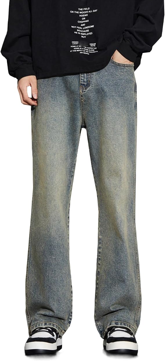 Mens Straight Leg Bootcut Jeans Stretch Mid Rise Relaxed Slim Fit Flared Jeans 90s Vintage Light Washed Denim Pants