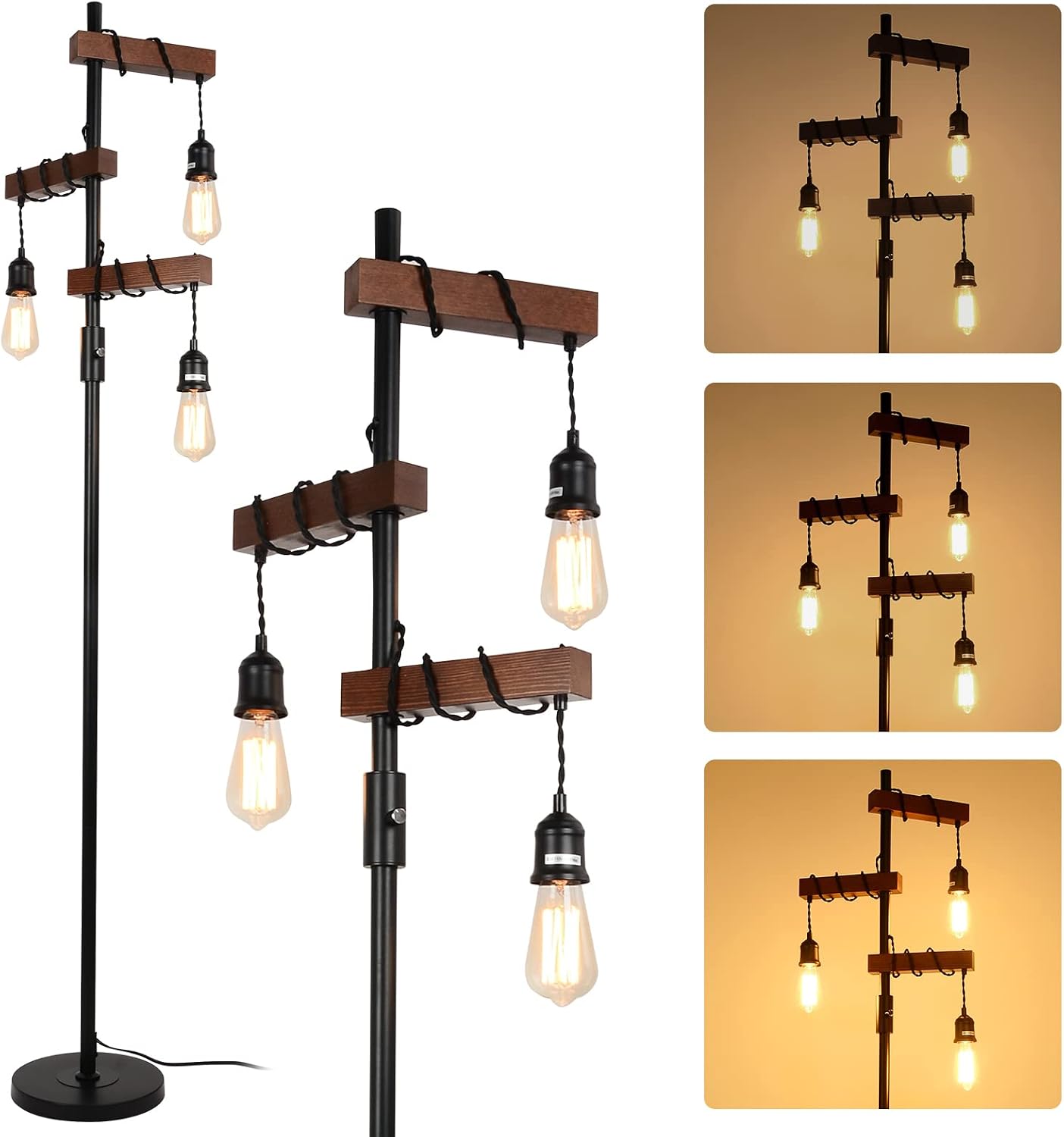 Rayofly Dimmable Rattan Floor Lamp, 3-Lights Boho Lamp with Stepless Dimmer, Industrial Lamps for Living Room, Tall Tree Shades, Farmhouse Standing Bedroom Black-3 Lights [Energy Class A]