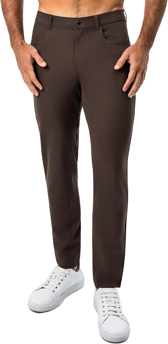 Men's Athletic Fit Stretch Chino Pants, Flat Front, 5 Pockets, Elastic Waistband