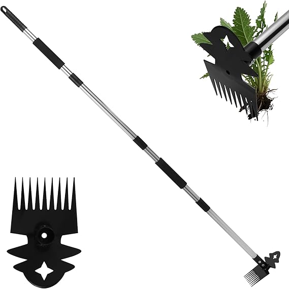 Weed Tool with Long Handle - 60" Manual Weeder Remover Tool, 2 in 1 Hand Weed Rake and Garden Hoe for Gardening, Heavy Duty Uprooting Weeding Pull for Yard, Lawn, Patio and Garden