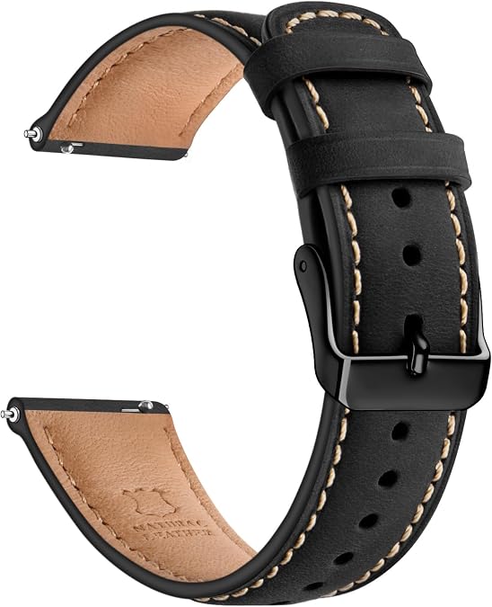 SUNFWR Quick Release Leather Watch Band 20mm for Men Women, Vintage Genuine Leather Strap for Samsung Galaxy Watch 6/Classic/Gear S3/Garmin/Huawei/Timex Watch Bands (20mm, Black/Black)
