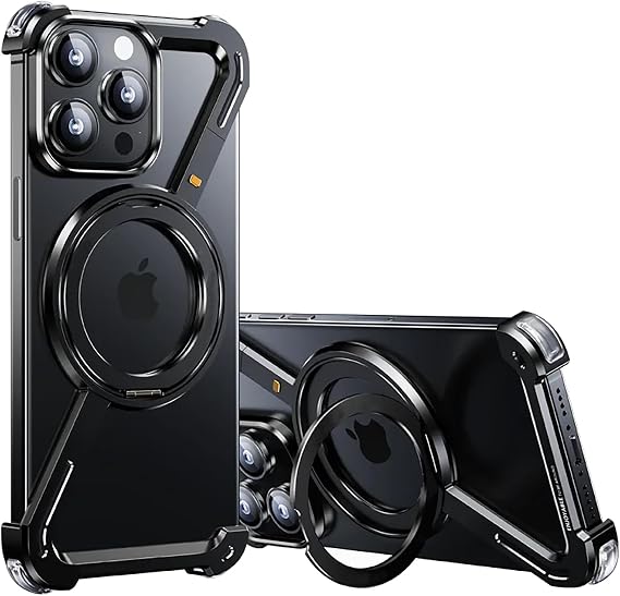 Case for iPhone 15 Pro Max/15 Pro/15 Plus/15, with Invisible Kickstand, Ultra-Thin Metal Frameless Case [Compatible with MagSafe] Hollow Heat Dissipation,Black,15 Pro Max