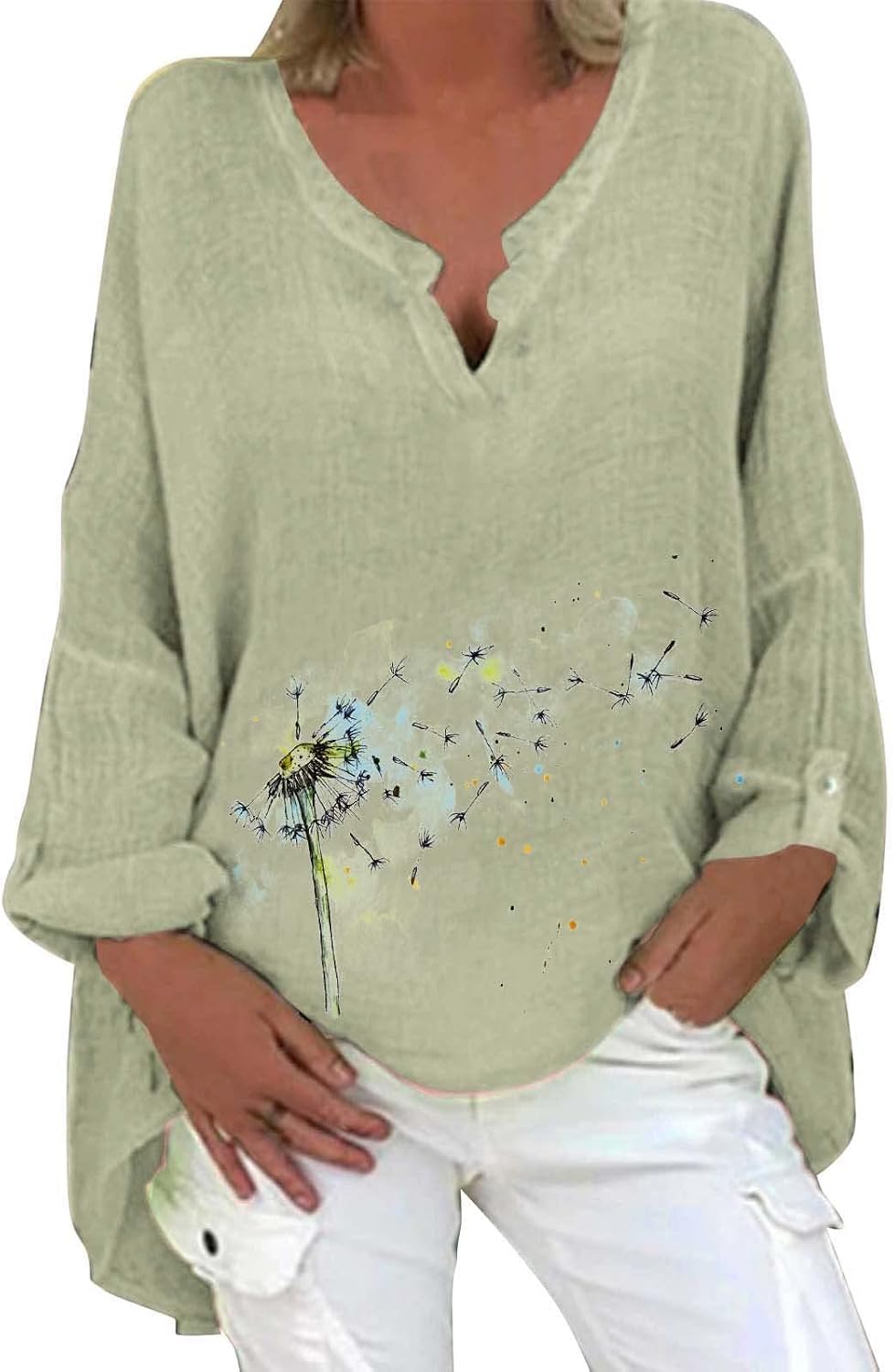 Women's Coton Linen Long Sleeve Split V-Neck T Shirts Blouse Lightweight Breathable Casual Summer Spring Tops Pullover