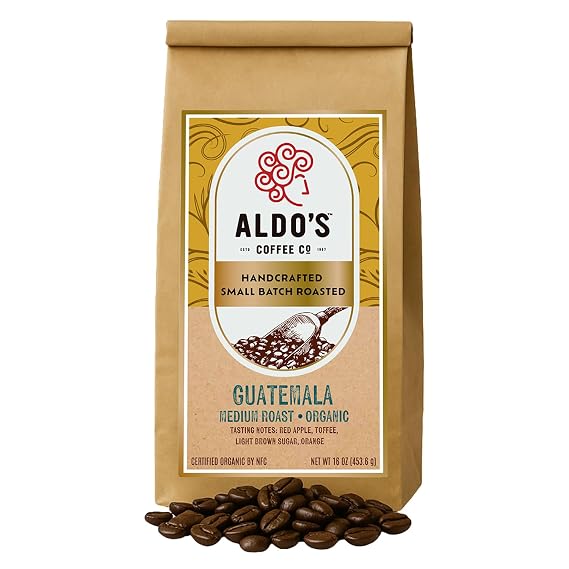 Aldos Coffee Company Guatemala Single Origin Whole Bean Coffee, Organic Medium Roast, 100% Arabica Beans from Guatemala, 16 oz