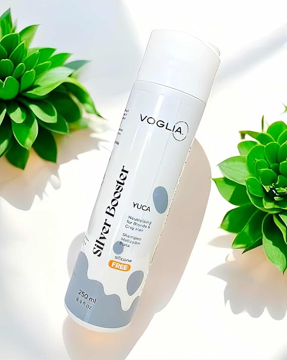 Voglia Silver Booster Shampoo 8.4oz - Neutralizes Golden Yellow Tones Restores Shine & Natural Color for Blonde Platinum Hair Care Silicone-Free Formula