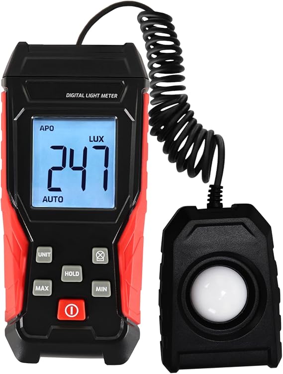 Digital Lux Meter Light Meter Illuminance Meter 200000LUX Wide Measurement Range Lux Meter with Auto Select, Max/Min Reading, LUX/FC Options Photometer Light Measurement Tool for indoor Outdoor Plants