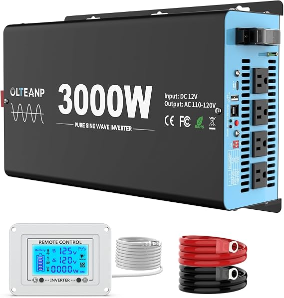 3000W Pure Sine Wave Inverter 12V DC to 110V AC with LCD Remote,6000W Peak