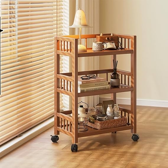 3 Tier Bamboo Storage Trolley on Wheels, Wooden Kitchen Trolleys for Book Beauty Craft Trolleys, Rolling Cart for Bathroom Office, Space-Saving Mobile Rack Organizer