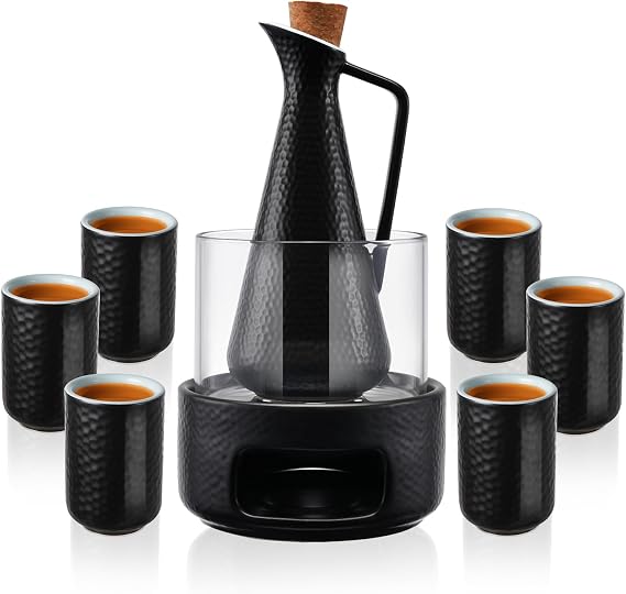 ZENS Sake Set with 6 Sake Cups, 13 oz Sake Warmer Set for Hot Sake, Black