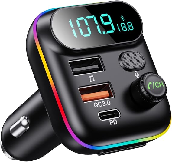 Araç için Bluetooth Adaptörü, Kablosuz FM Radyo Verici, Kablosuz Bluetooth 5.0, MP3 Müzik Çalar, QC3.0 + PD 20W USB Araç Şarj Cihazı, 7 Renk LED Arkadan Aydınlatmalı