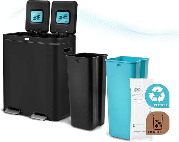 Home Zone Living 16 Gallon Kitchen Trash Can with Dual Compartments for Recycling, CleanAura Odor Control, Stainless Steel, Matte Black, 60 Liters Total