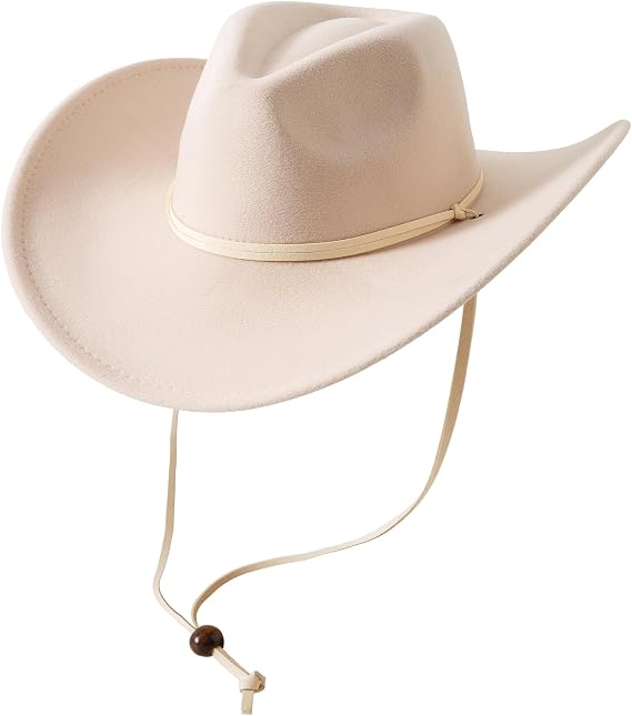 Lanzom Women Men Retro Felt Wide Brim Western Cowboy Cowgirl Hat Dress Up Hat with Wind Lanyard