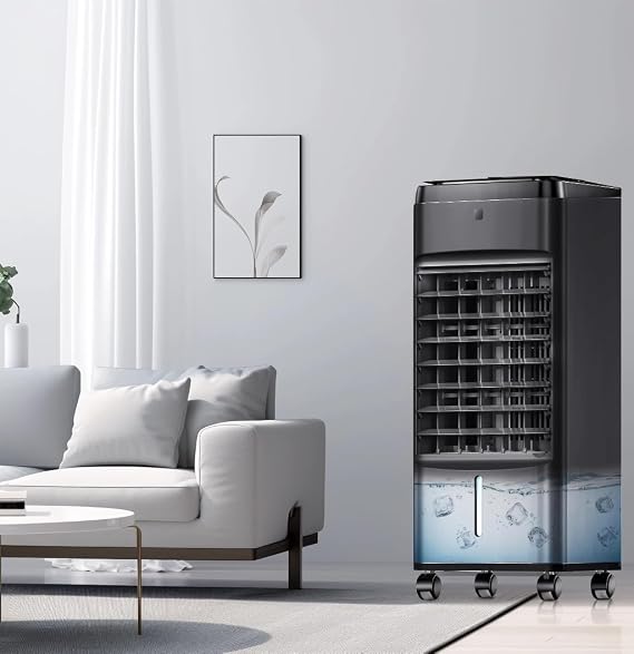 NOMEY 3-IN-1 Portable Air Conditioners 4 Modes & 3 Speeds, Waterless Alert System, 12H Timer, 1 Gal Detachable Water Tank, 4 Ice Packs, Remote, 70 Oscillation Windowless Evaporative Air Cooler