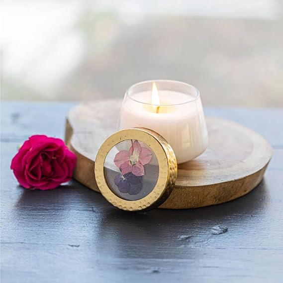 Rosy Rings Blushing Rosewood Pressed Floral Candle | Aromatherapy Long Lasting Luxury Home Fragrance Decor Gifts Notes of Amber, Cedarwood, Oud, Rose, Red Peony 35 Hr Burn Time 2.5" H (Small)