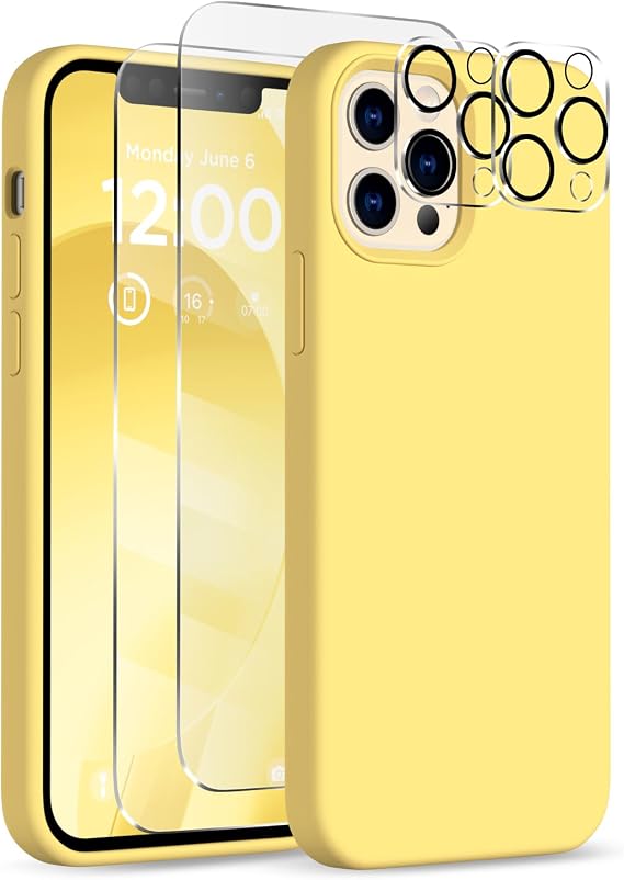 iPhone 12 Pro Max用ケース、カメラプロテクター2枚+スクリーンプロテクター2枚、フルボディシリコン耐衝撃保護カバー、 マイクロファイバー裏地付きスマホケース iPhone 12 Pro Max 6.7インチ用、イエロー