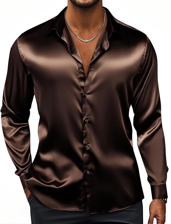 Hi-Tie Men's Silk Satin Shirts Long Sleeve Button Up 70s Shiny Disco Shirt