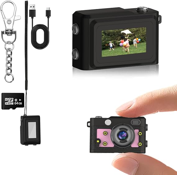 Mini Keychain Camera 64GB, 1080P Mini Retro Photo Video Camera, 120 Minute Battery Life Portable Tiny Digital Cam, Micro Video Camcorder for Travel Students Children, Pink