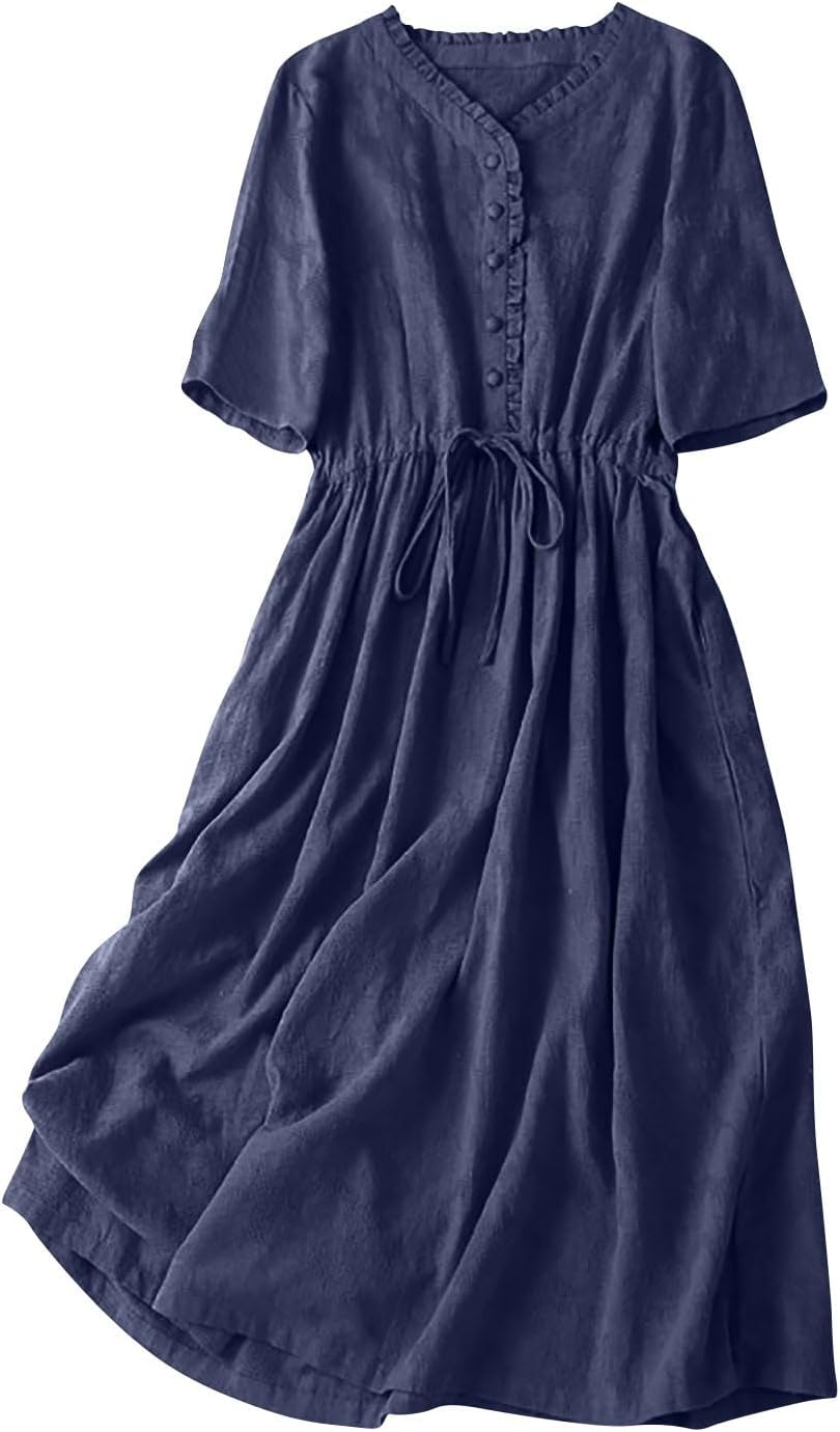 Womens Cotton Linen Dresses Summer Embroidered Sleeve A Line Comfy Cotton Maxi Dress Trendy Summer Vacation Clothes