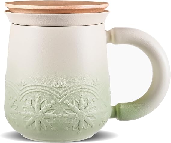 ZENS Tea Mug with Infuser and Lid for Loose Leaf Tea Steeper, 12oz Green | Embossed Ceramic Tea Cup with Strainer for Tea Lovers Gifts, Tea Diffusers Japandi Style Sunflower