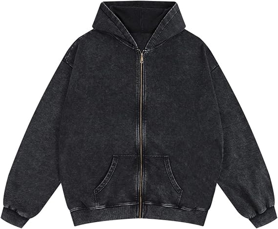 KEEPSHOWING Mens Oversized Sweatshirt Zip Up Hoodie Solid Wash Old Craft Basic Jackets Unisex Heavyweight Casual Sweatshirts