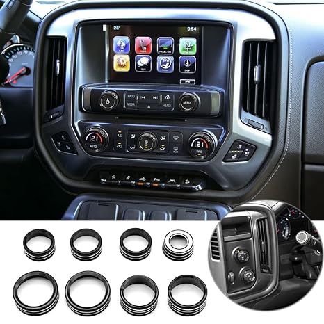 AC Radio Knob Cover Compatible with Chevrolet Chevy Silverado & GMC Sierra 2014-2018 Dash Menu Auto Climate Control Volume Turn Signal 4WD Light Switch Knob Button Cover Trim Ring (Black)