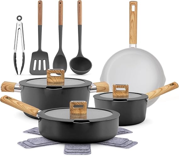 NutriChef 14 Pcs Nonstick Pots and Pans Set - Induction Safe Ceramic Cookware Set with Glass Lids, Cool-Touch Handles, Even Heat Distribution, Dishwasher Safe, Includes Spatula, Ladle, Tong -Black